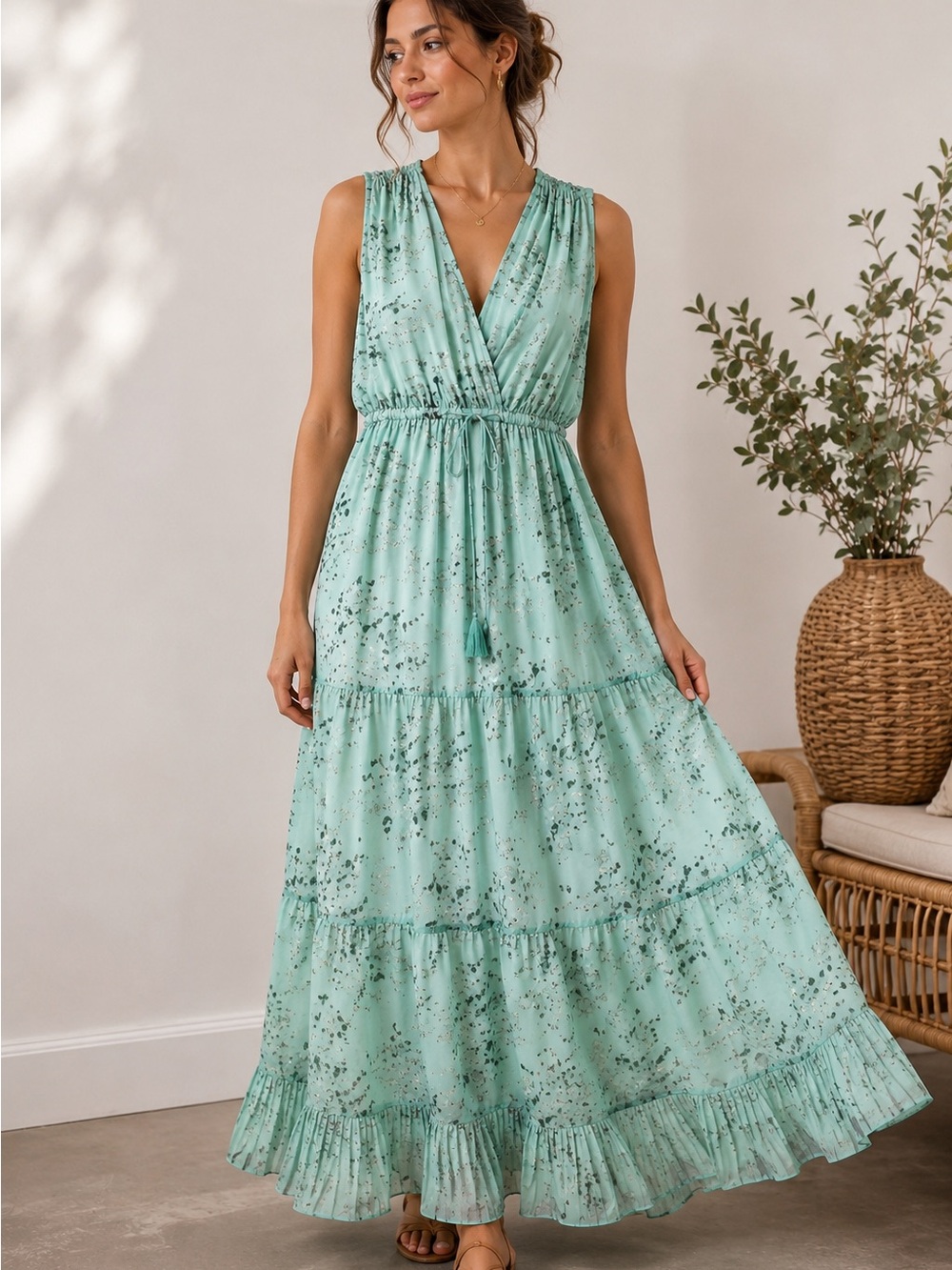 Massimo Dutti Mint Green Floral Maxi Dress 6 Boho Tiered Sleeveless Cottagecore - Picture 15 of 15